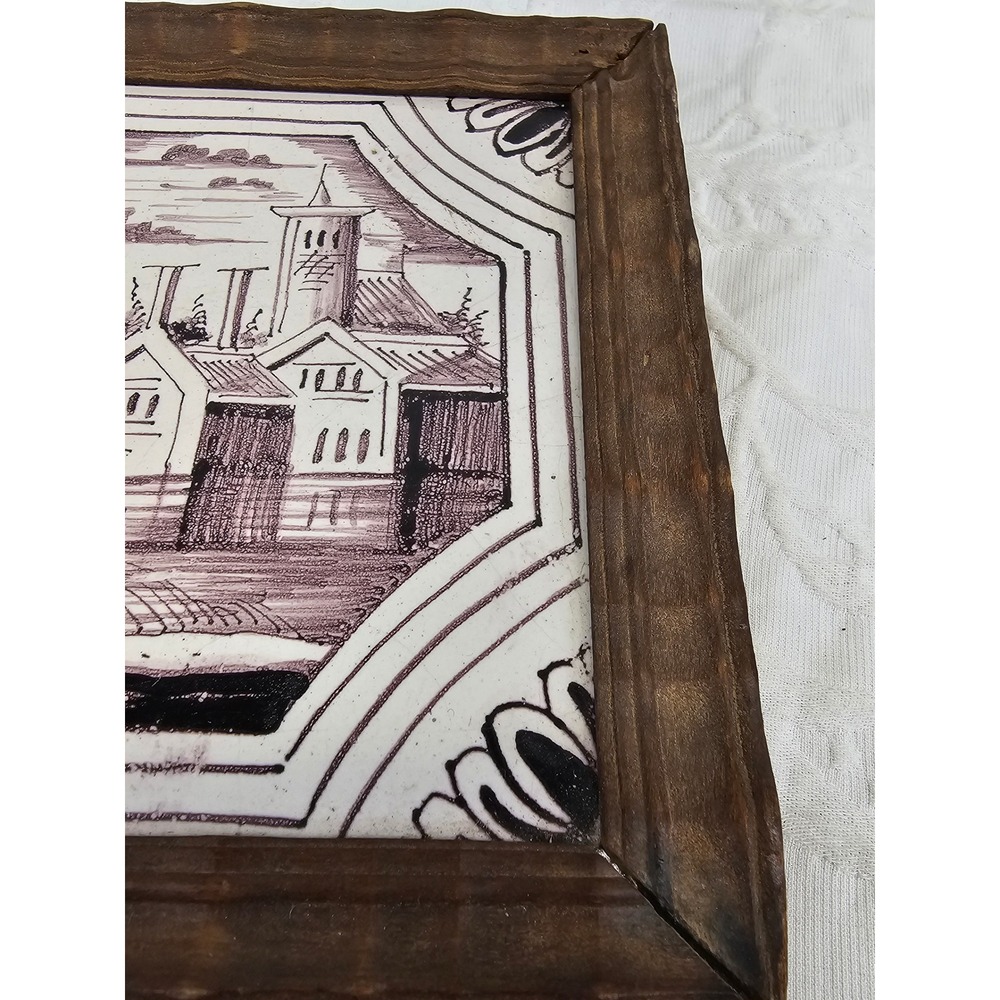 18th century salvaged Delft manganese tile depicting buildings and trees 6x6 - Picture 2 of 7